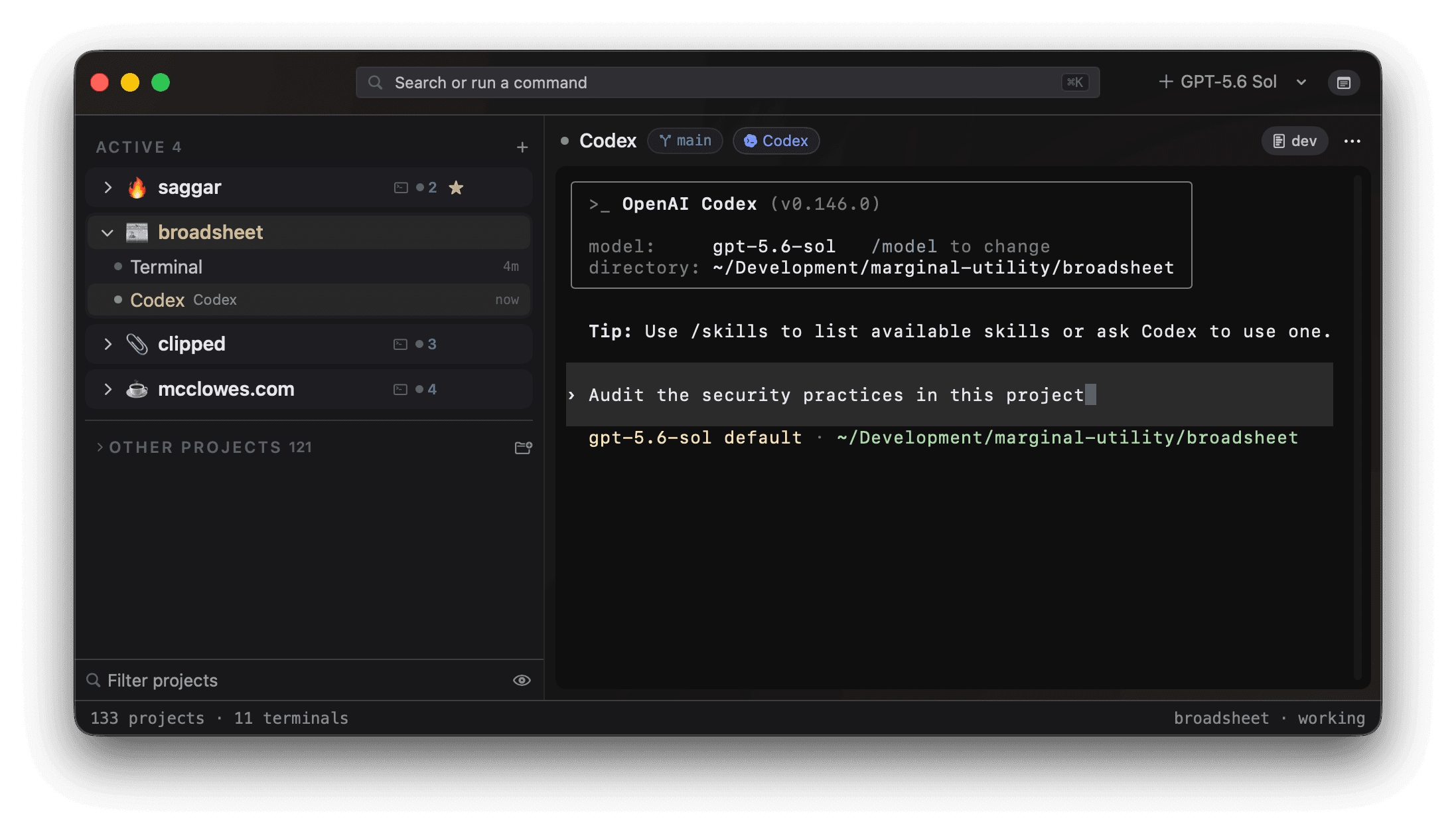 A Codex session running inside Saggar