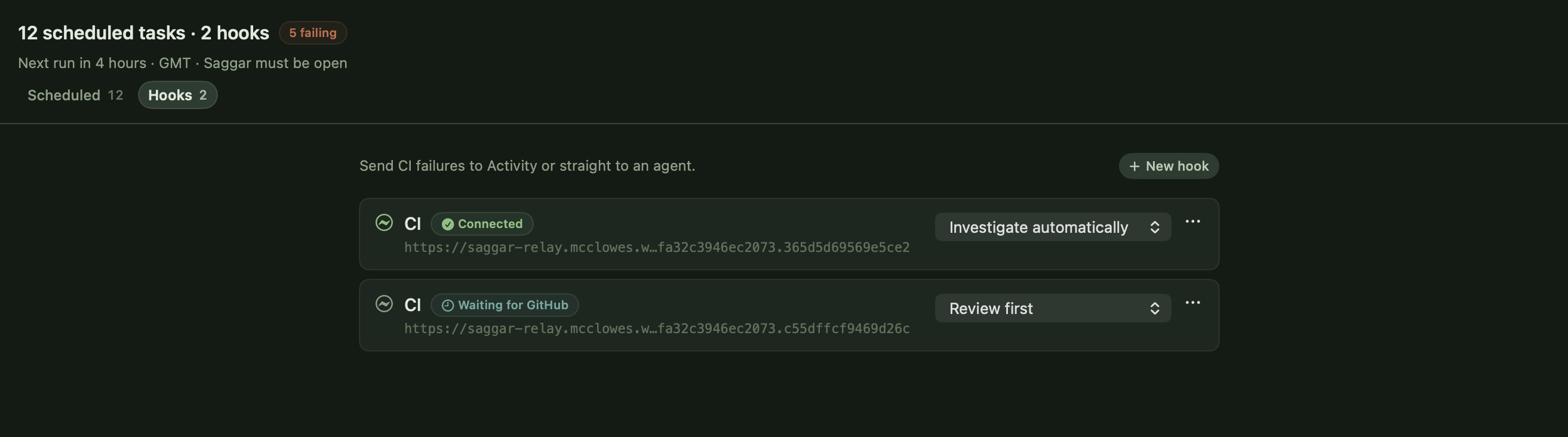 The Automations tab showing connected and waiting GitHub hooks