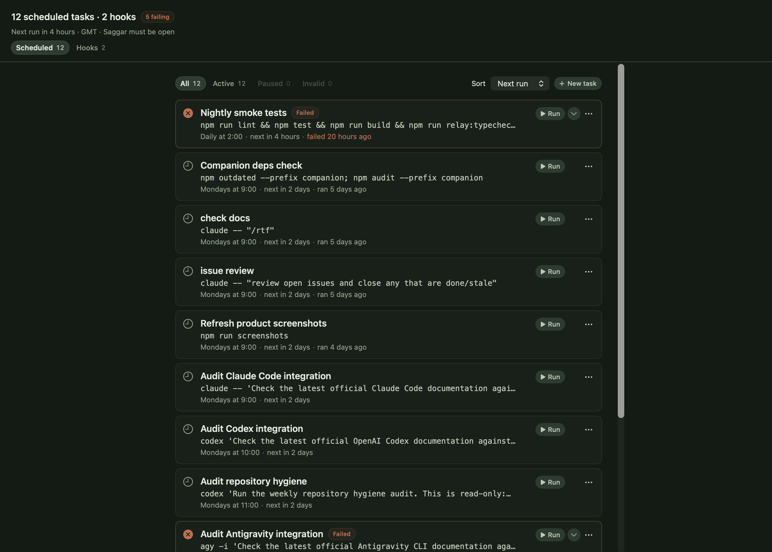 The Automations tab showing scheduled tasks, including failed tasks and upcoming runs