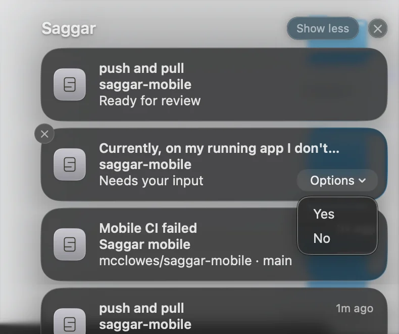 A Needs you notification with its Options menu open, showing Yes and No