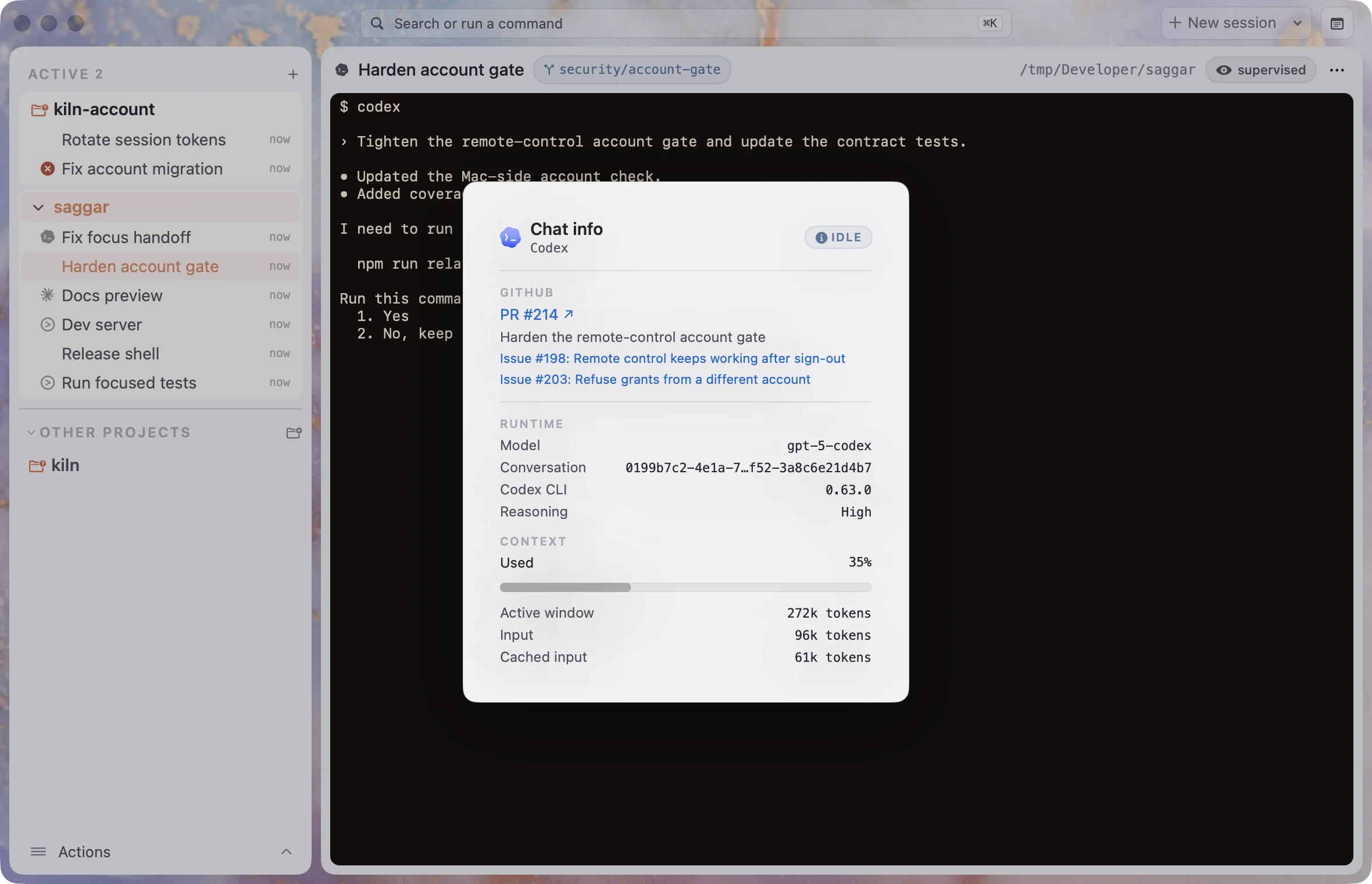 An agent session showing its pull request and source issue