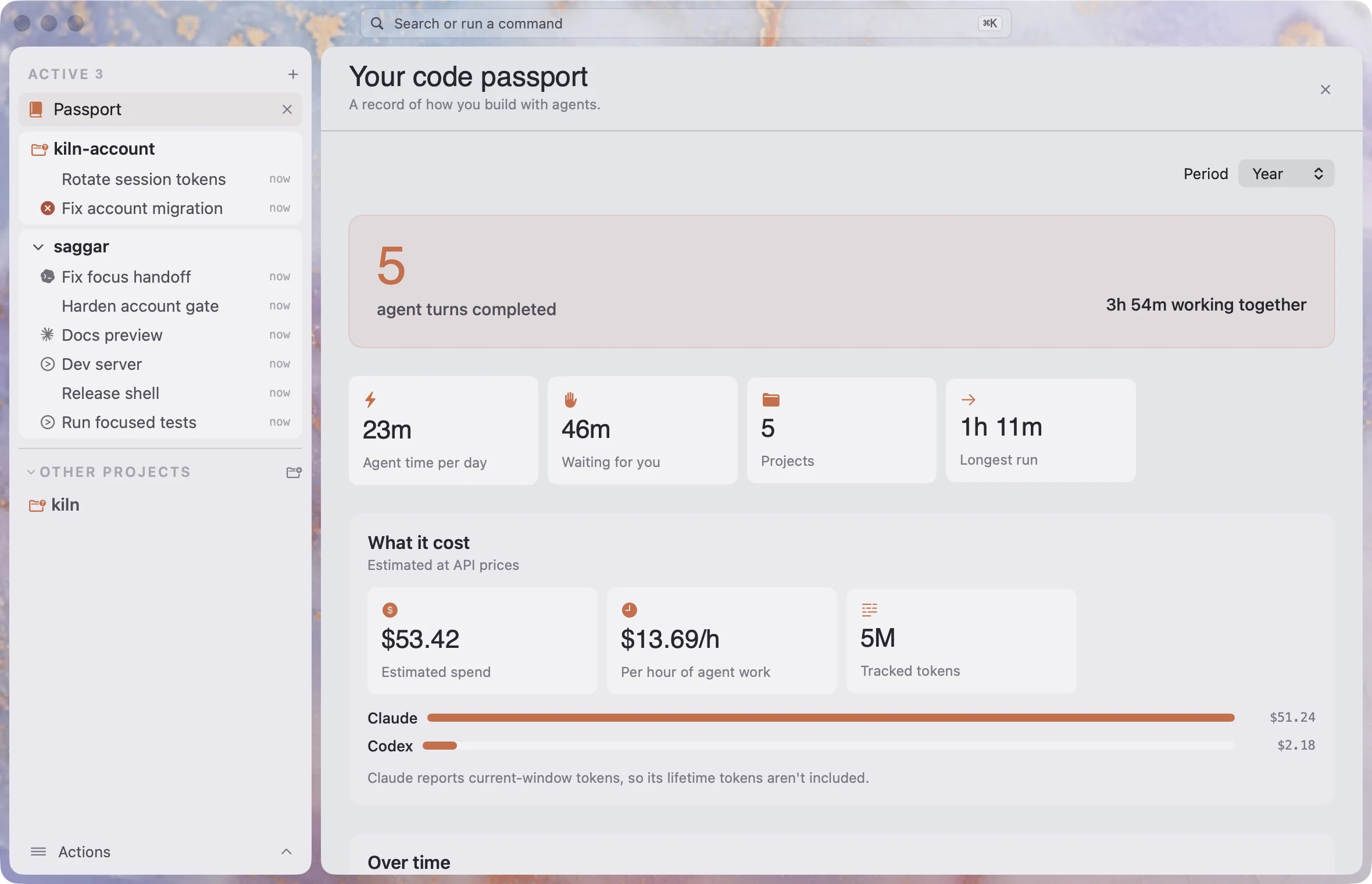 Passport showing agent work, tracked tokens, and estimated spend