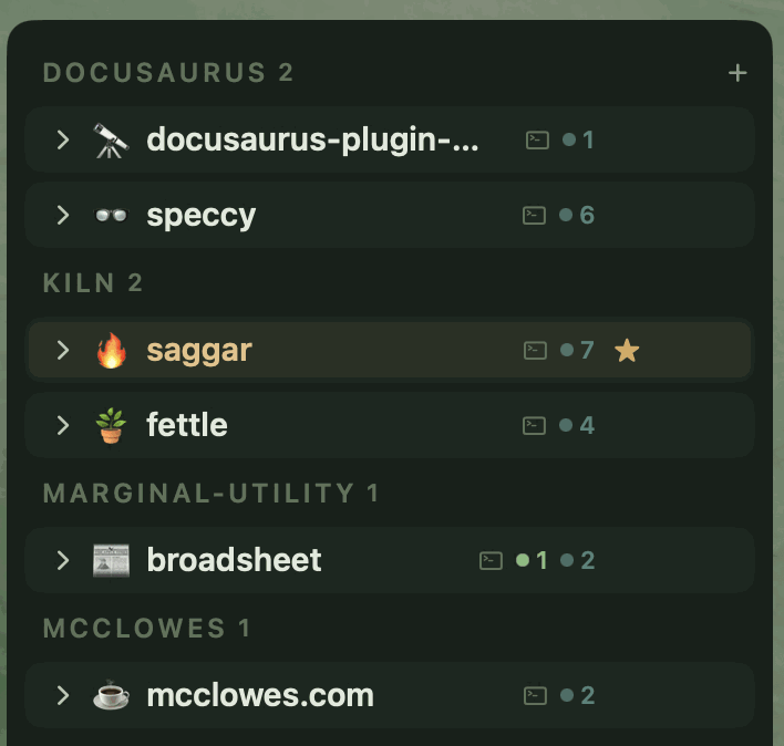 The project menu with active projects split into Docusaurus, Kiln, Marginal-utility, and Mcclowes sections
