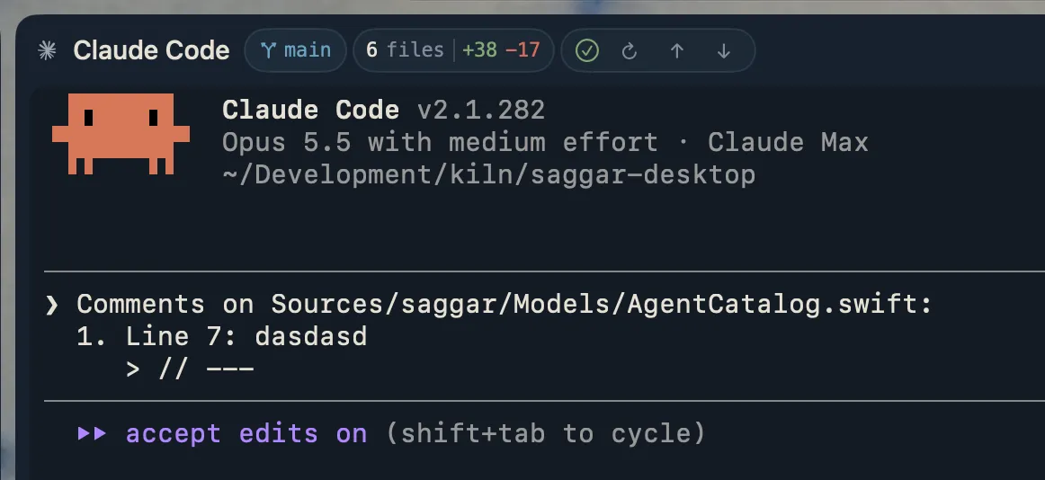 File comments added to a Claude Code prompt, with the line number and the quoted code