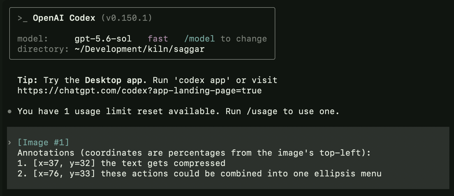 An annotated image attachment and its numbered comments in Codex
