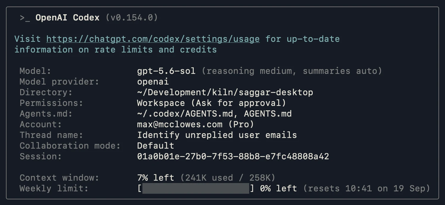 Codex status showing 241k of a 258k context window used, with 7% left