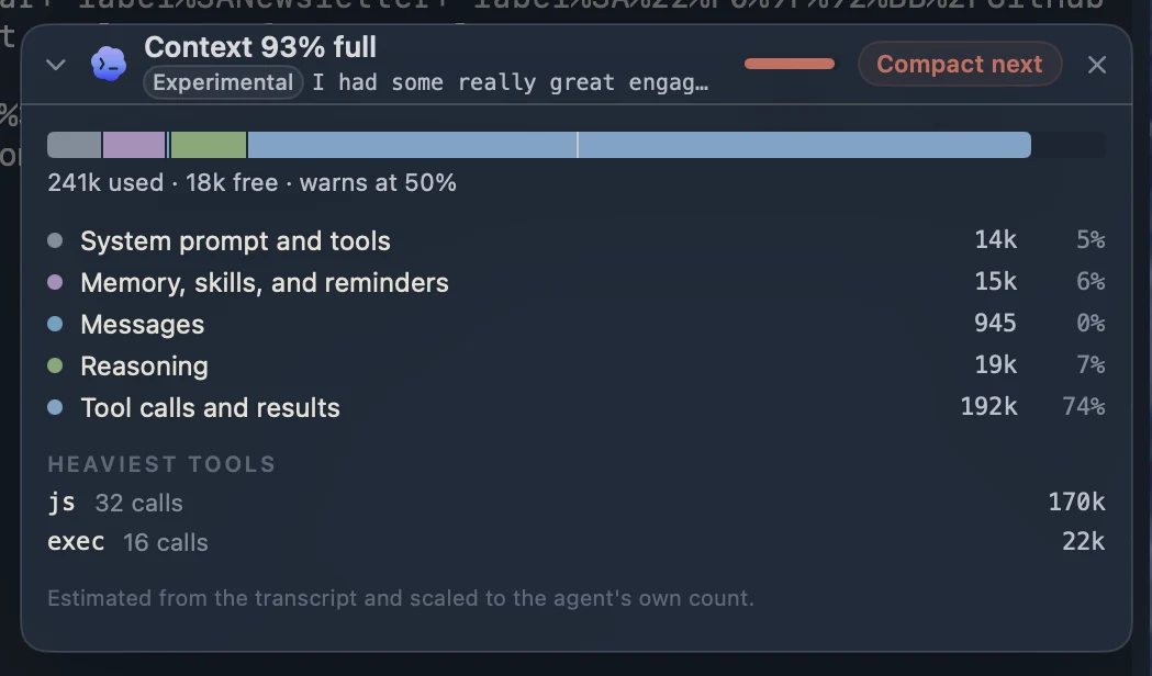 Saggar's expanded context monitor for the same Codex chat, breaking its 241k used tokens into system prompt, memory, messages, reasoning, and tool calls