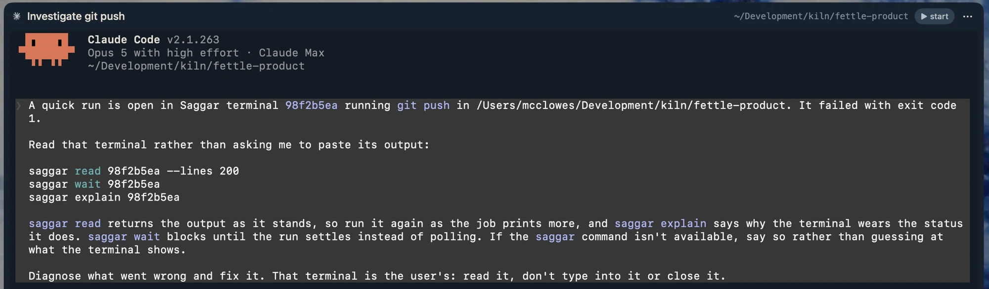 A new Claude Code session opened from a failed quick run, handed the run's terminal id and the commands that read it