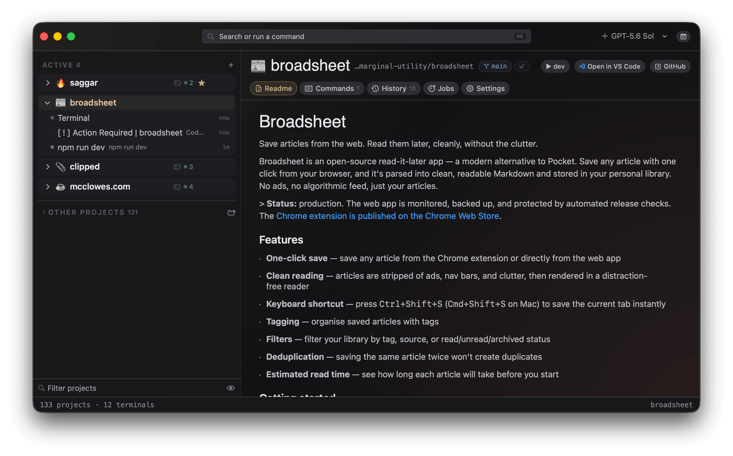 A project's README rendered in Saggar