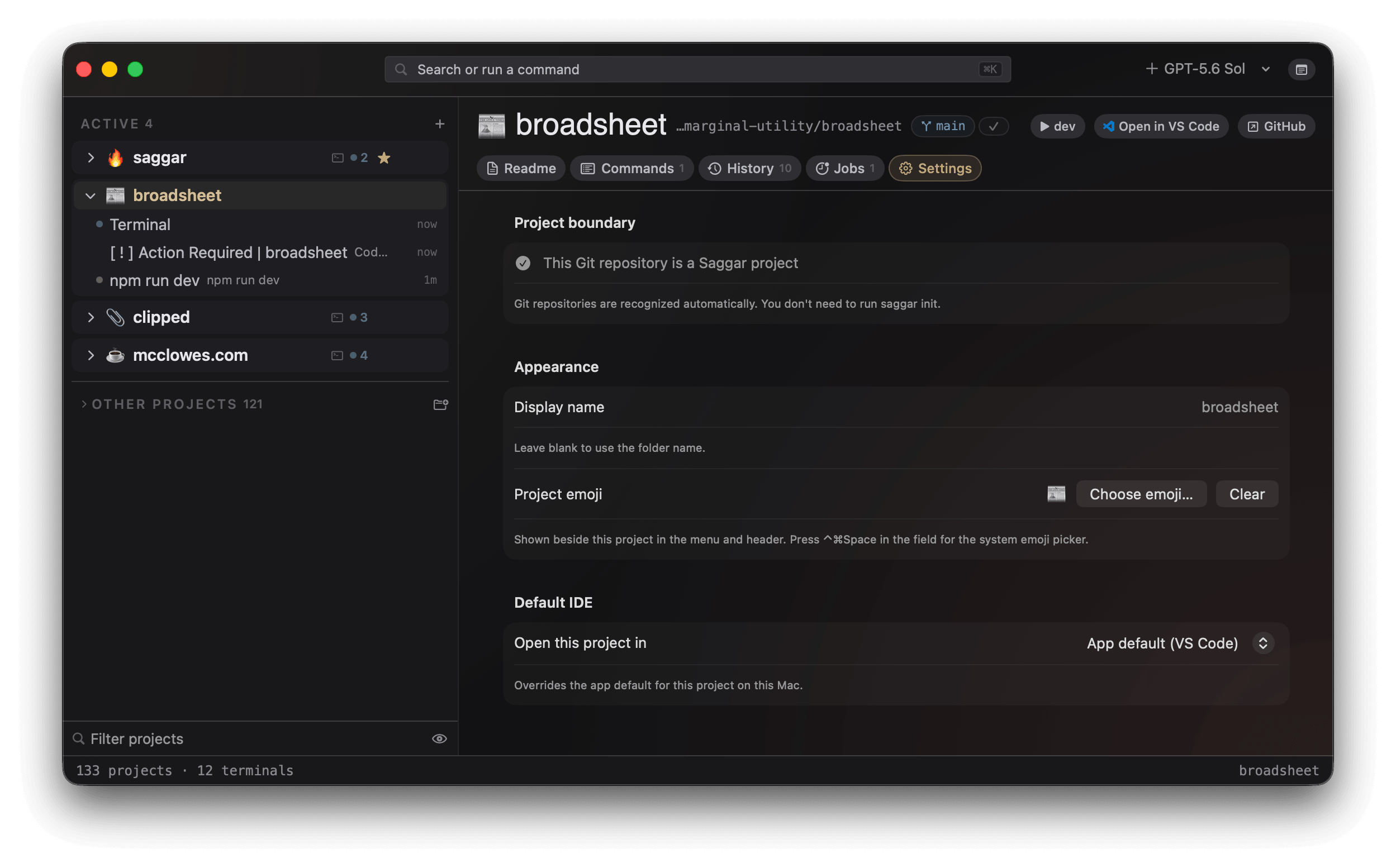 Project boundary, display, and editor settings in Saggar