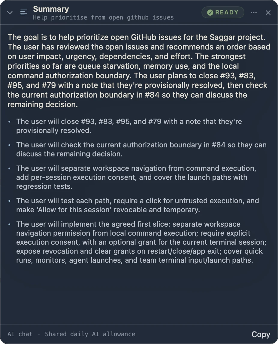 A summary card for an agent chat that is prioritizing open GitHub issues